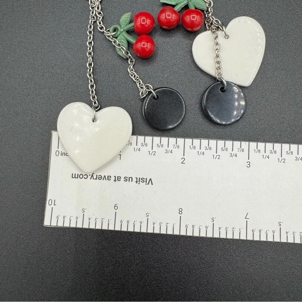 Red Cherry Heart Dangly Earrings 90s Style - Picture 5 of 11